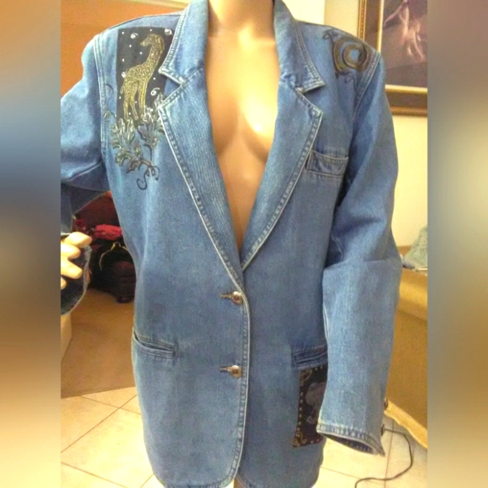 VINTAGE JEAN JACKET BY HAIKS 100%COTTON SZ. LG ANIMAL PAINTINGS POCKETS